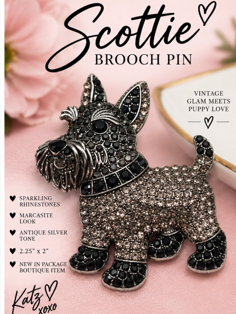Scottie Dog Brooch Pin Rhinestone Marcasite Look Scottish Terrier Black Silver